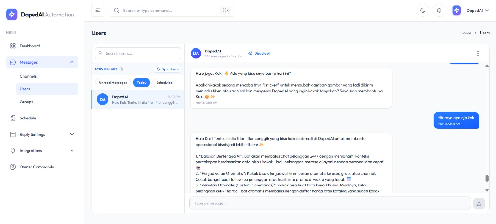 DapedAI Dashboard Interface - Kelola Pesan