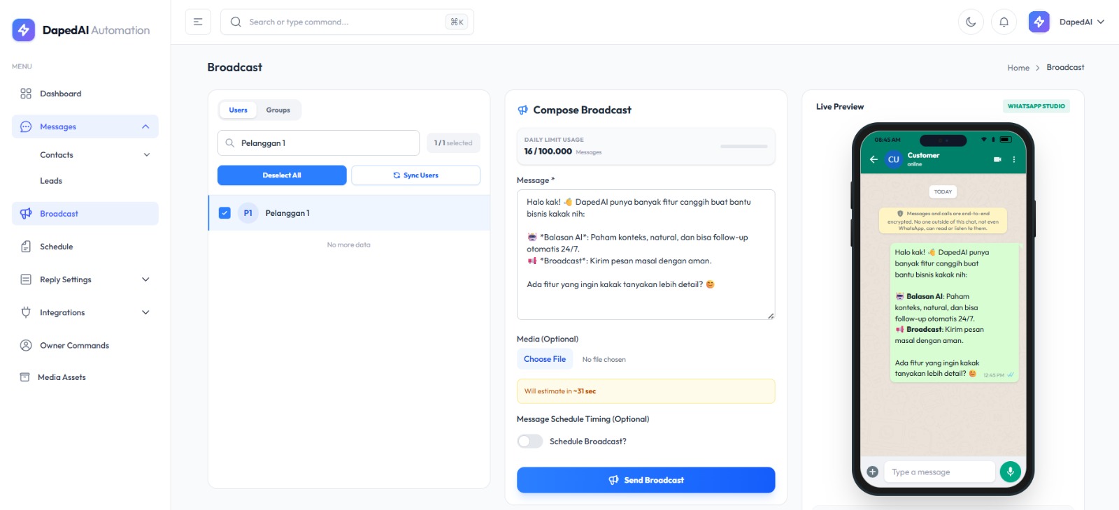 DapedAI Dashboard Interface - Kelola Pesan