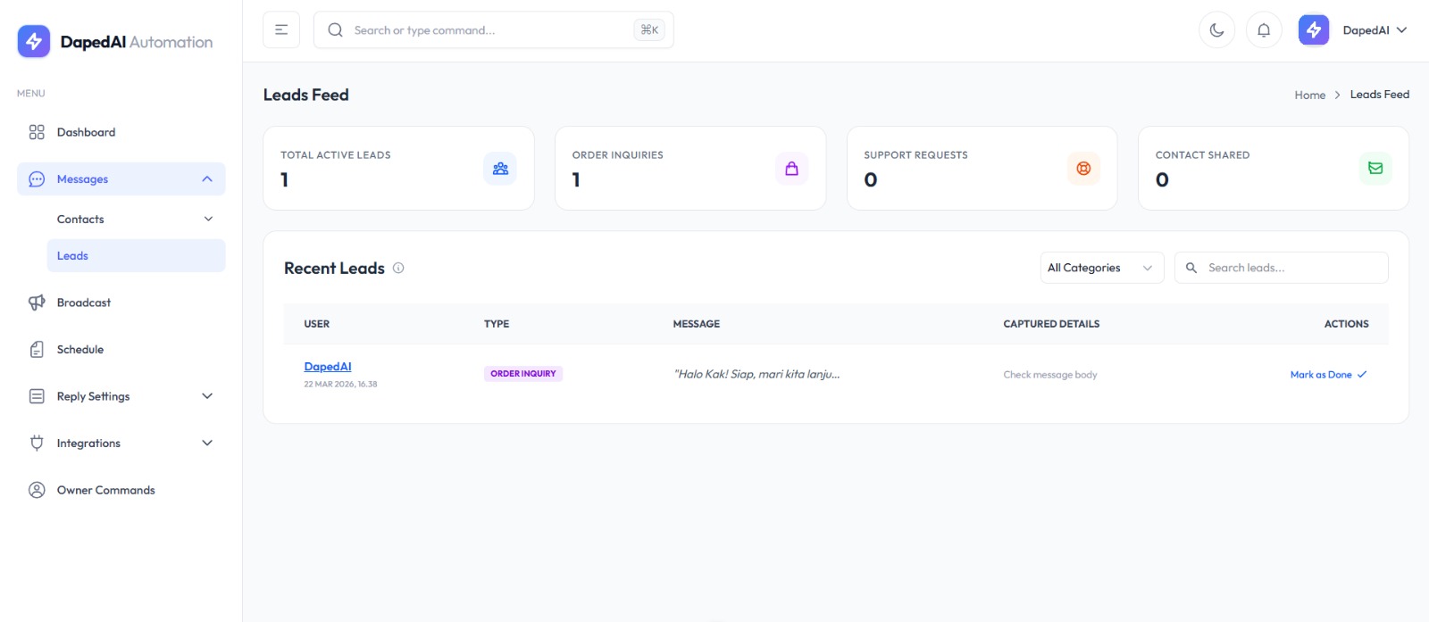 DapedAI Dashboard Interface - Analisis Real-time